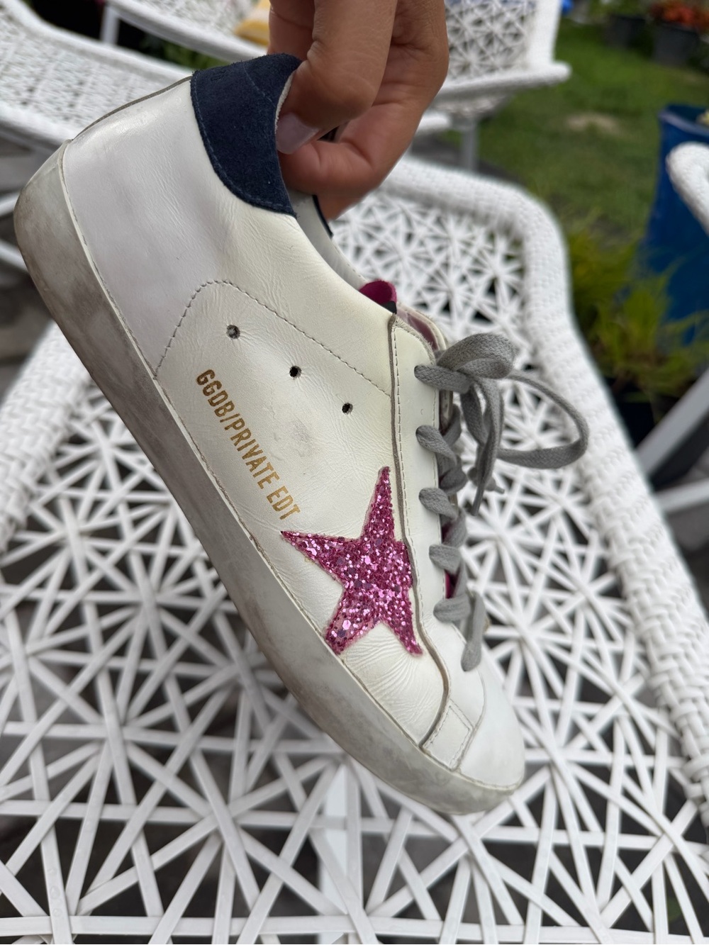 Golden Goose women’s White Leather Sneakers with Pink Glitter Star and Navy Heel - Picture 6 of 13